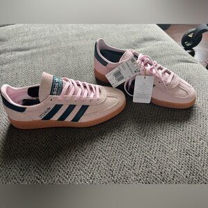 adidas pink suede Spezial sneakers with navy stripes